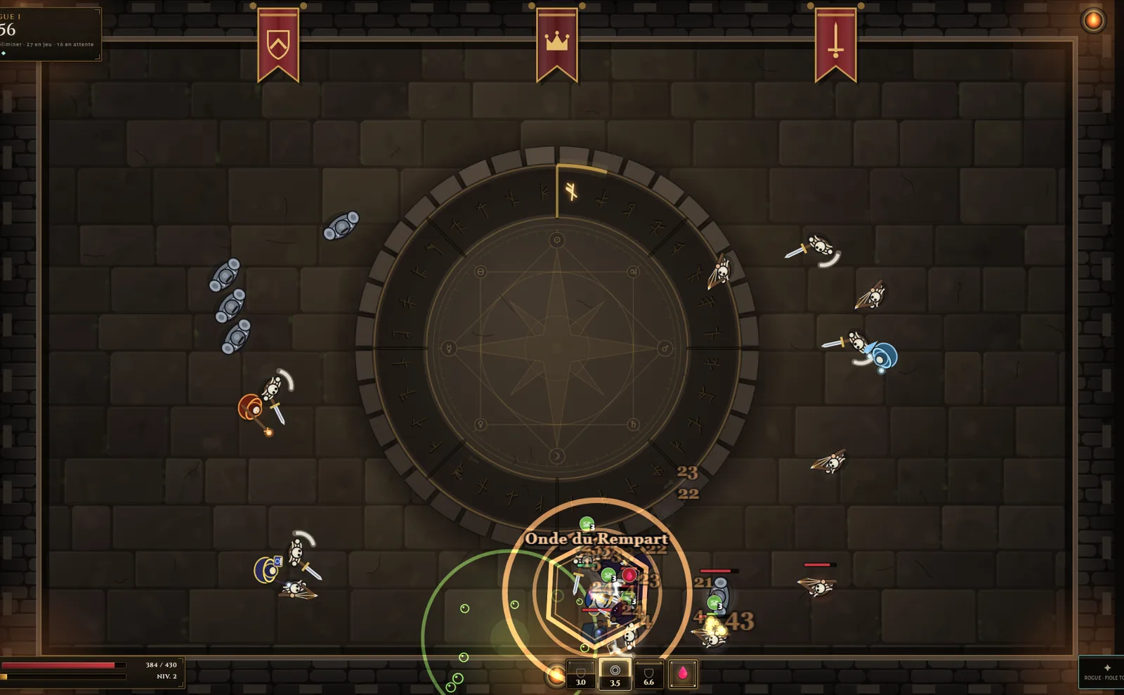 Combat dans Umbral Ascent : un rogue affronte une vague de squelettes dans la cour d'une forteresse